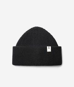 Black Beanie 01 oversized rib-knit merino wool beanie with double cuff, flat lay