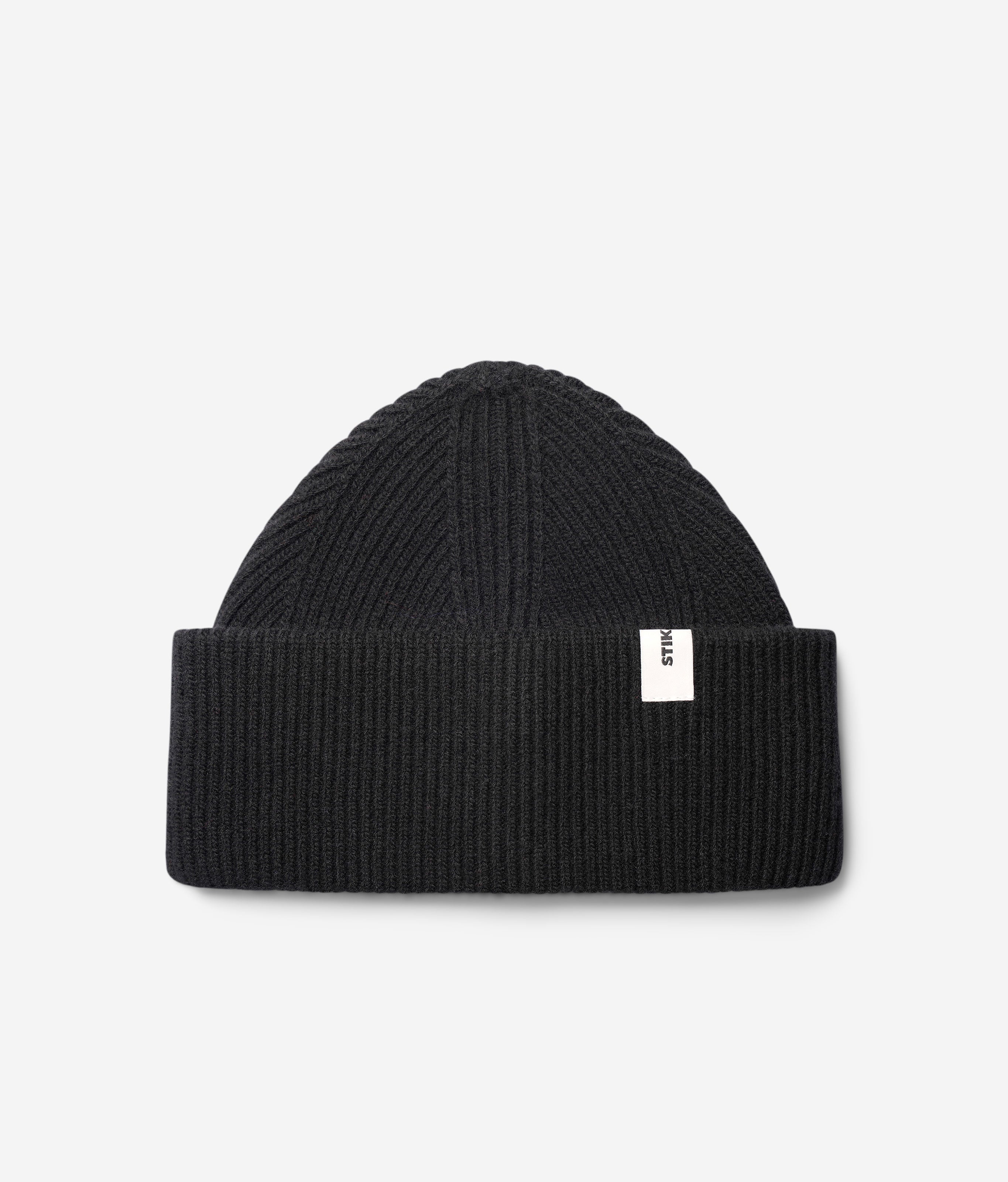 Black Beanie 01 oversized rib-knit merino wool beanie with double cuff, flat lay