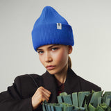 Cobalt Beanie 01 oversized rib-knit merino wool beanie with double cuff worn on model