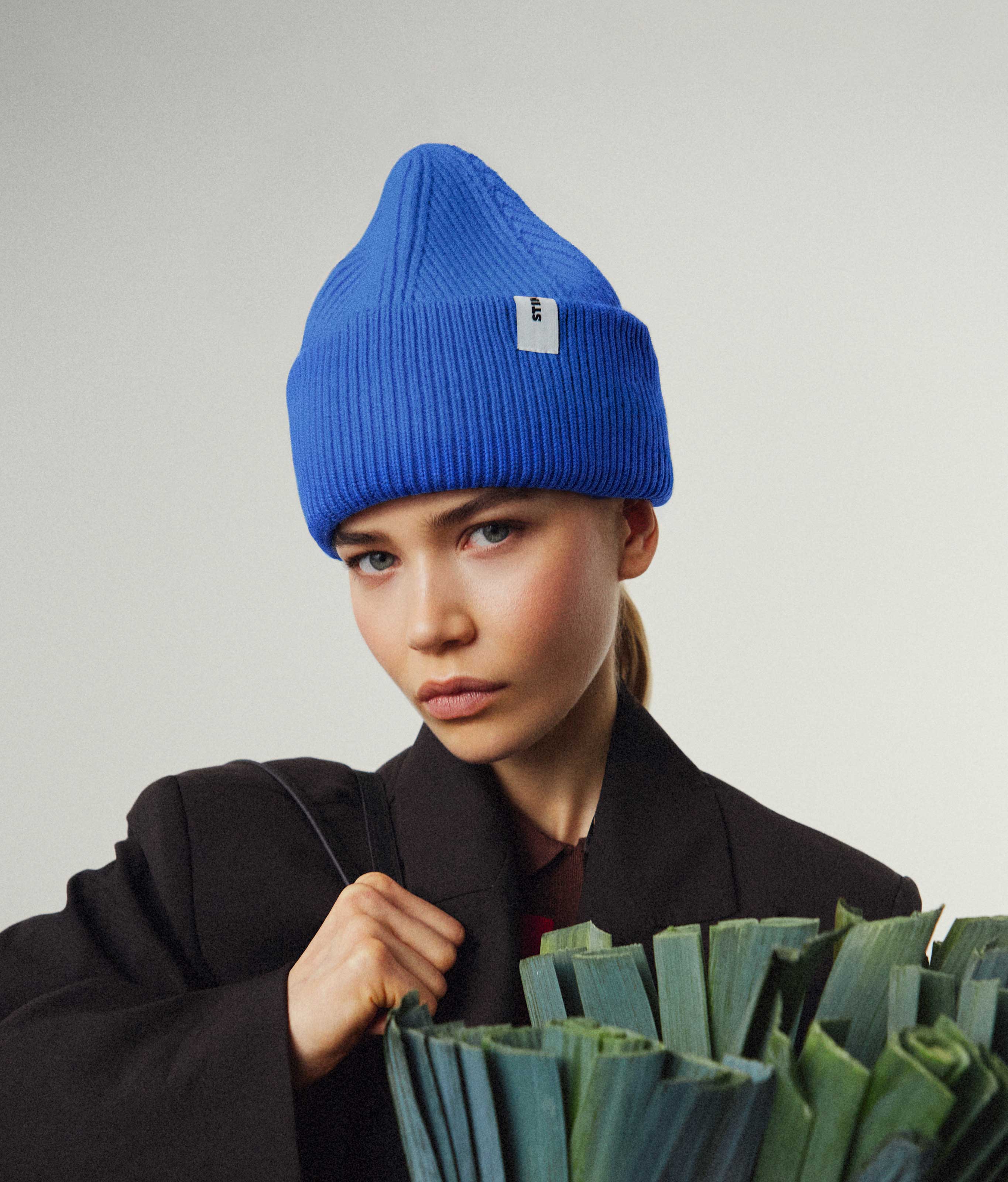 Cobalt Beanie 01 oversized rib-knit merino wool beanie with double cuff worn on model