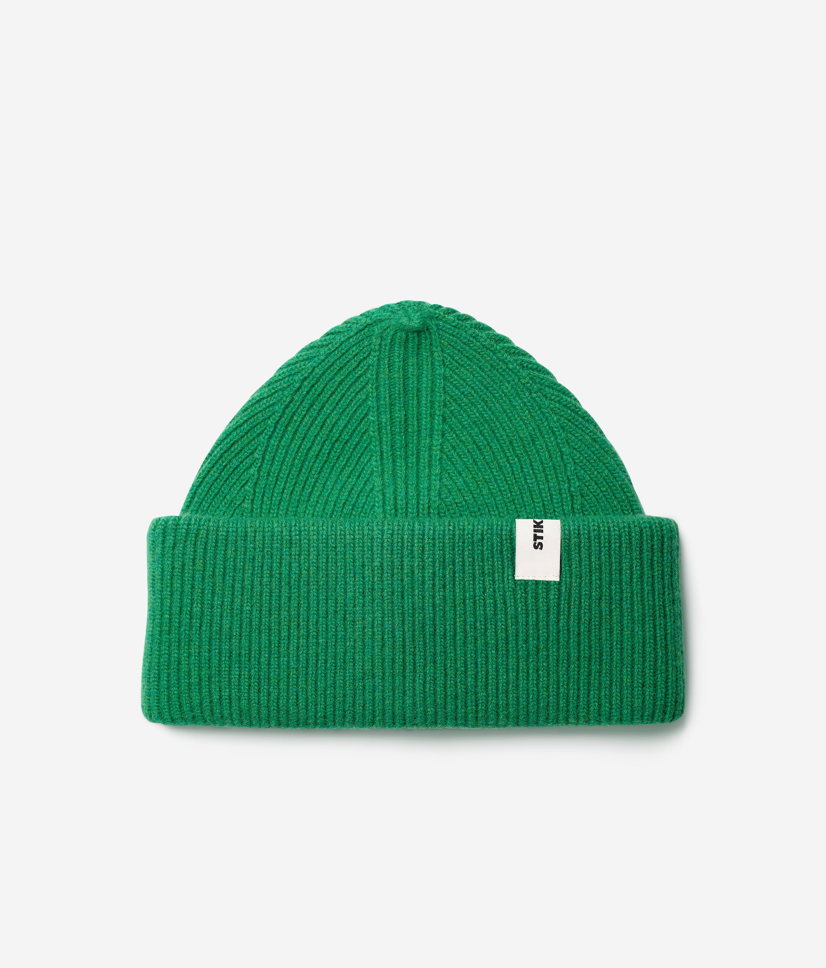 Kelly Green Beanie 01 oversized rib-knit merino wool beanie with double cuff, flat lay
