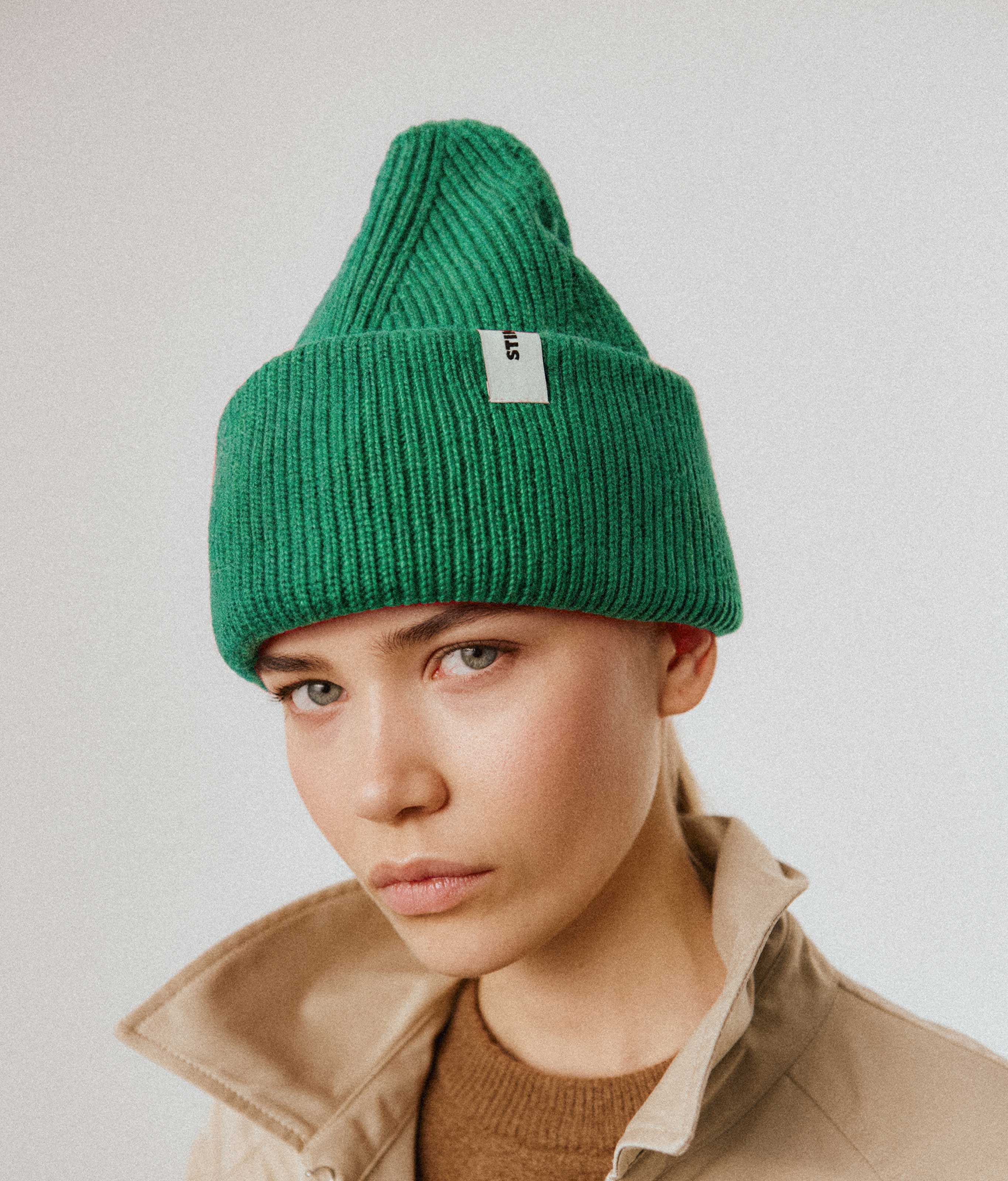 Kelly Green Beanie 01 oversized rib-knit merino wool beanie with double cuff worn on model