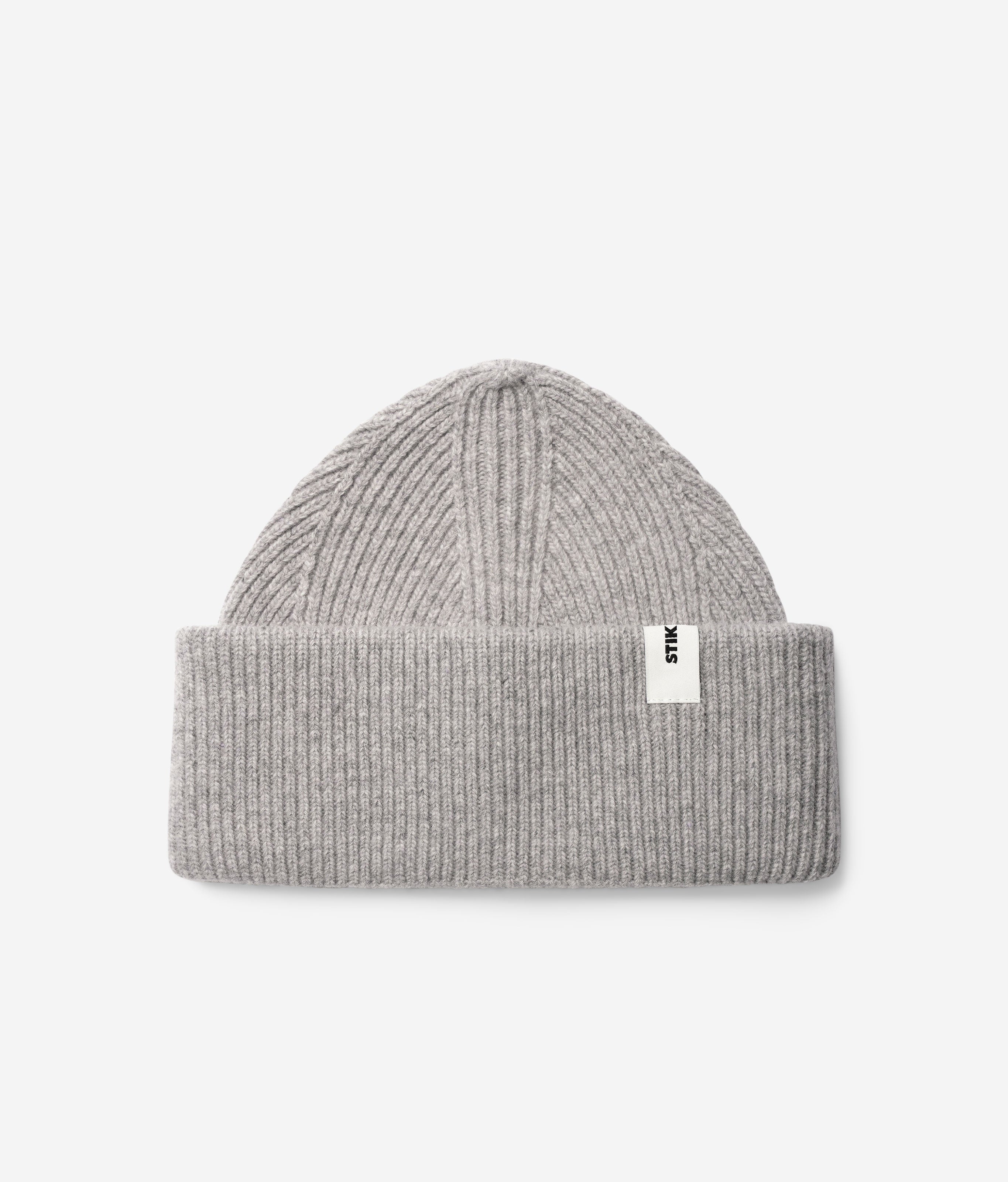 Light Grey Beanie 01 oversized rib-knit merino wool beanie with double cuff, flat lay