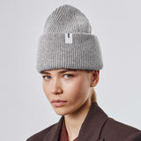 Light Grey Beanie 01 oversized rib-knit merino wool beanie with double cuff worn on model