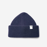 Navy Beanie 01 oversized rib-knit merino wool beanie with double cuff, flat lay
