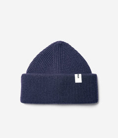 Navy Beanie 01 oversized rib-knit merino wool beanie with double cuff, flat lay