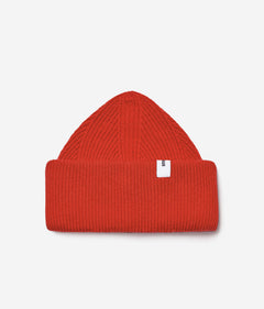 Orange Beanie 01 oversized rib-knit merino wool beanie with double cuff, flat lay