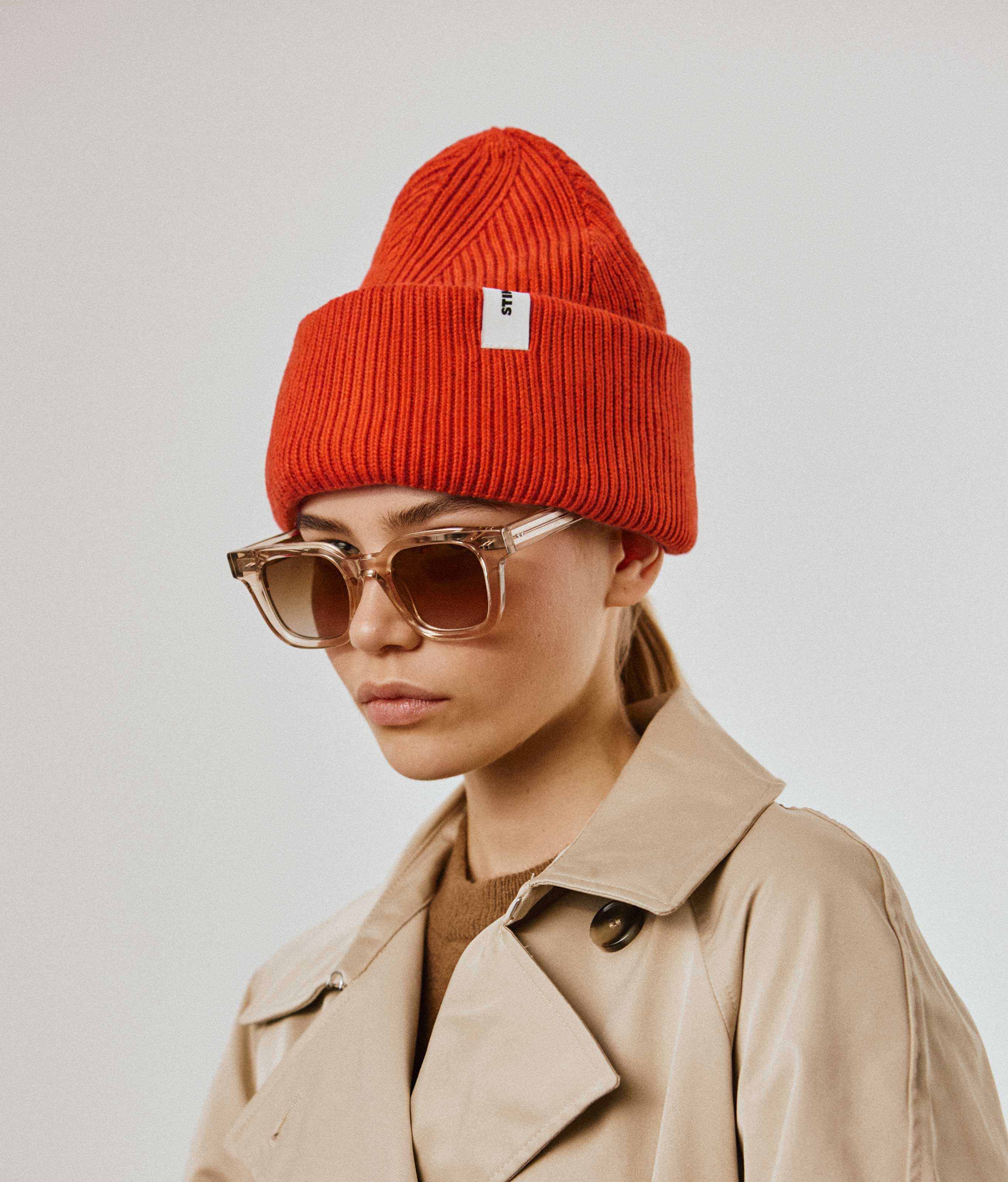 Orange Beanie 01 oversized rib-knit merino wool beanie with double cuff worn on model