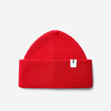Red Beanie 01 oversized rib-knit merino wool beanie with double cuff, flat lay
