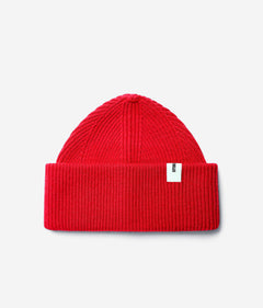 Red Beanie 01 oversized rib-knit merino wool beanie with double cuff, flat lay