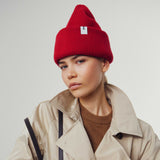 Red Beanie 01 oversized rib-knit merino wool beanie with double cuff worn on model