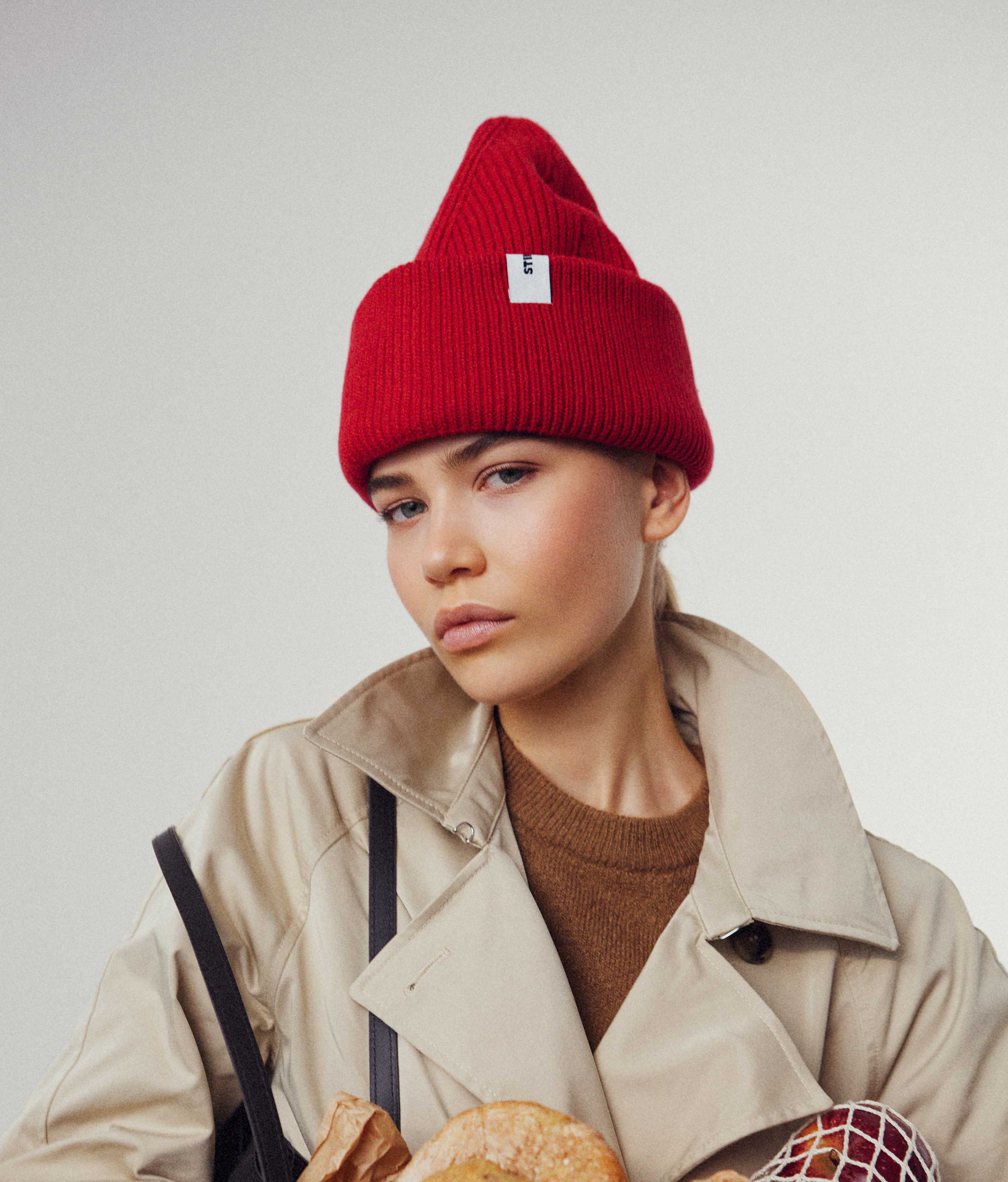 Red Beanie 01 oversized rib-knit merino wool beanie with double cuff worn on model