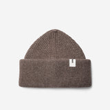 Taupe Beanie 01 oversized rib-knit merino wool beanie with double cuff, flat lay