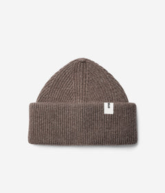 Taupe Beanie 01 oversized rib-knit merino wool beanie with double cuff, flat lay
