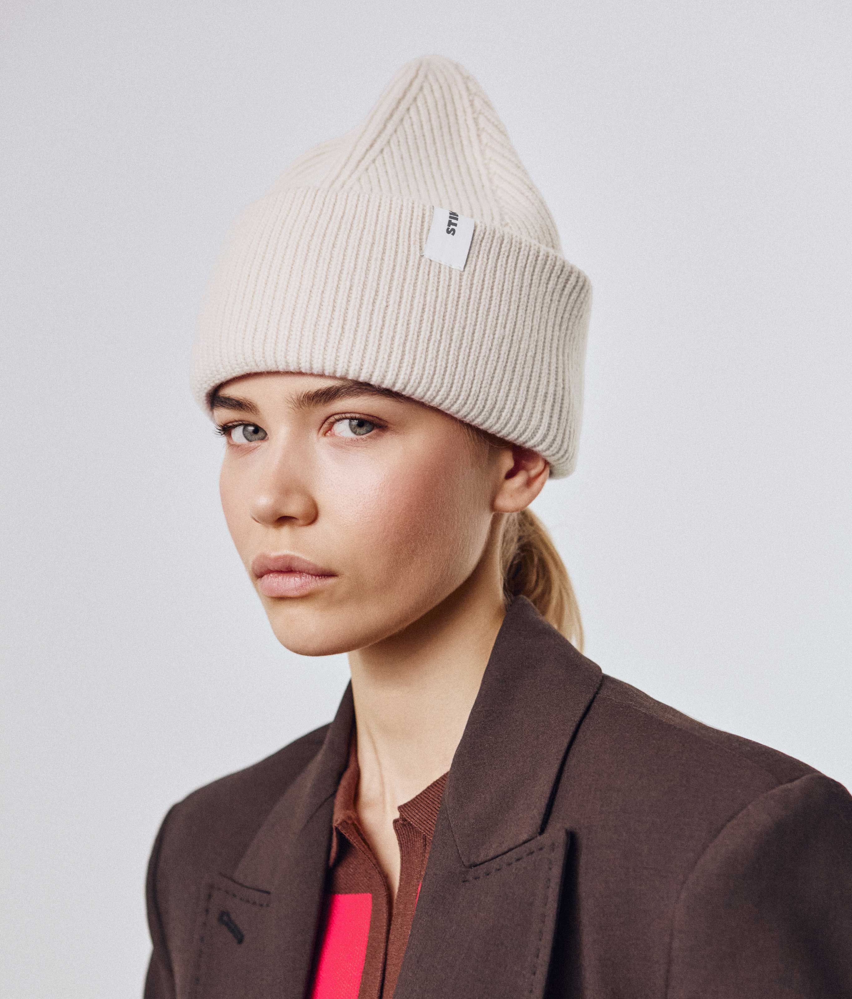 White Beanie 01 oversized rib-knit merino wool beanie with double cuff worn on model