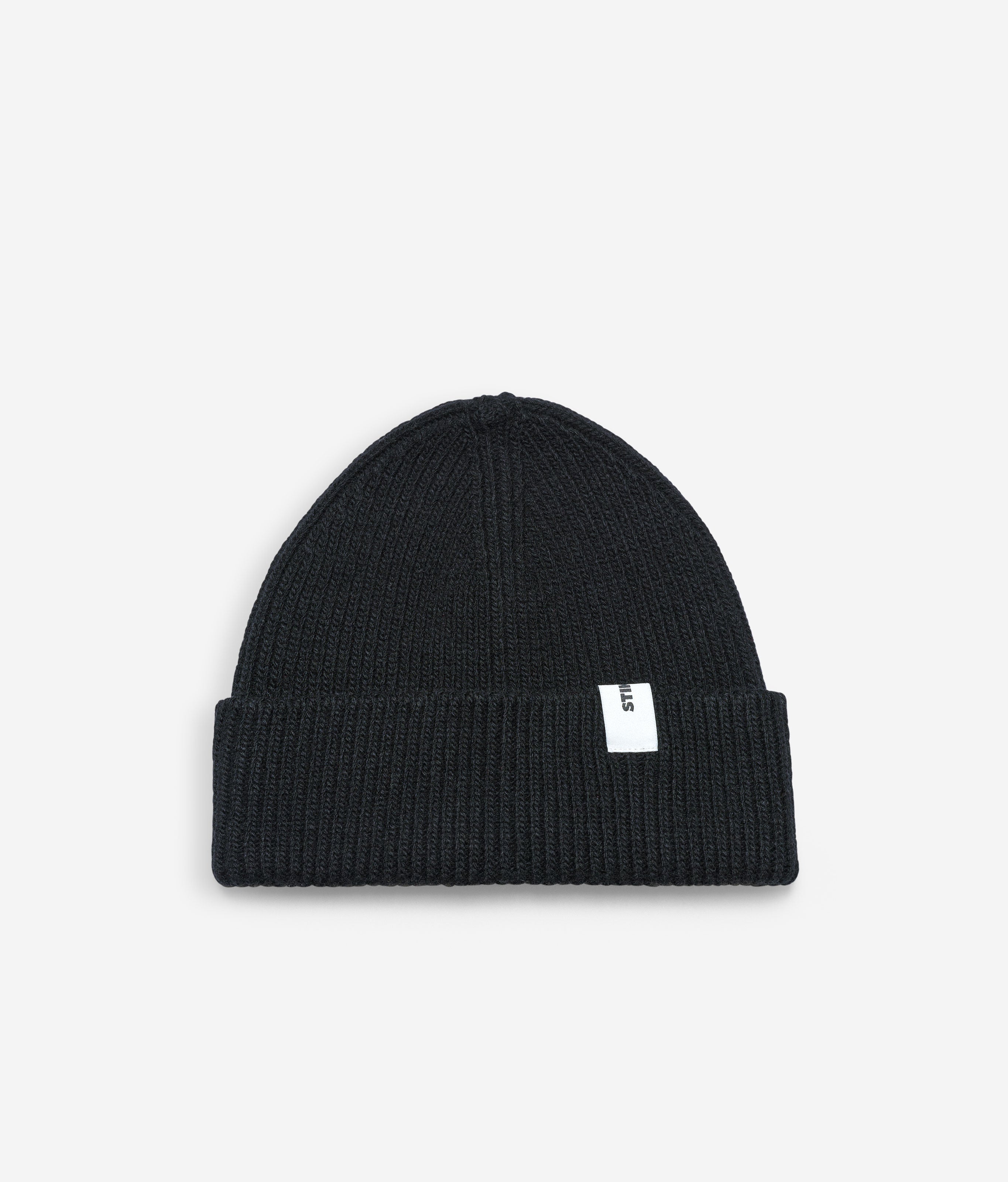 Black Beanie 02 regular-fit rib-knit merino wool beanie with cuff, flat lay