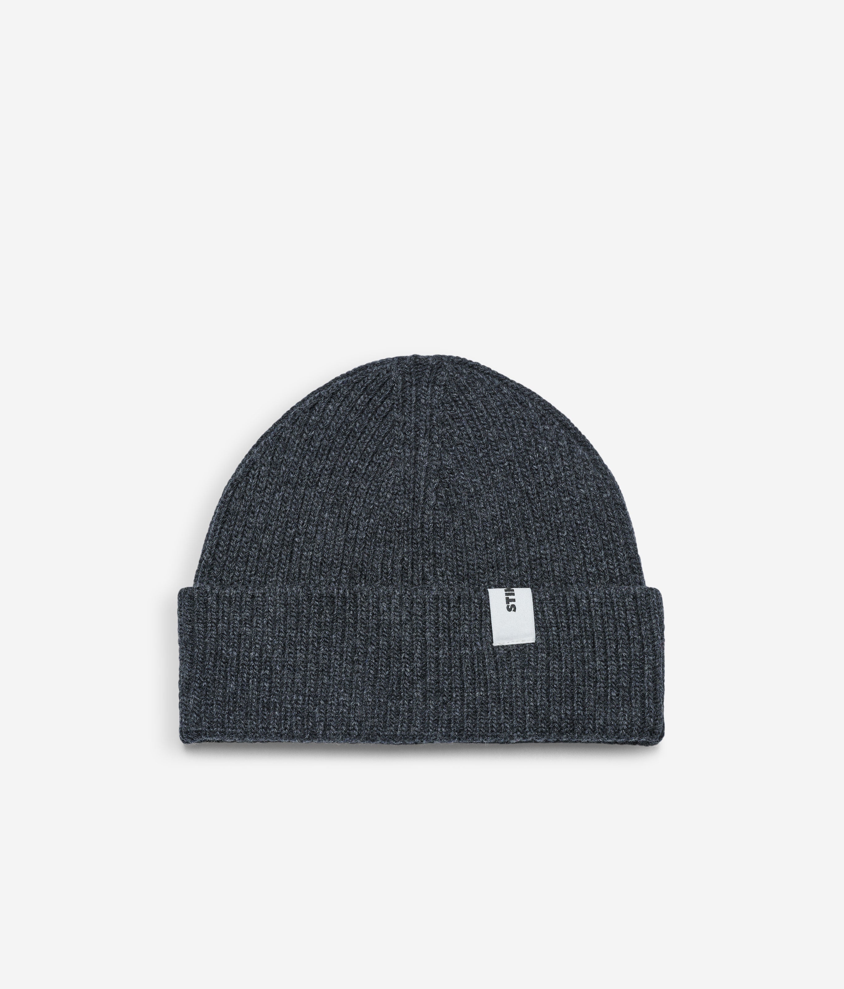 Dark Grey Beanie 02 regular-fit rib-knit merino wool beanie with cuff, flat lay