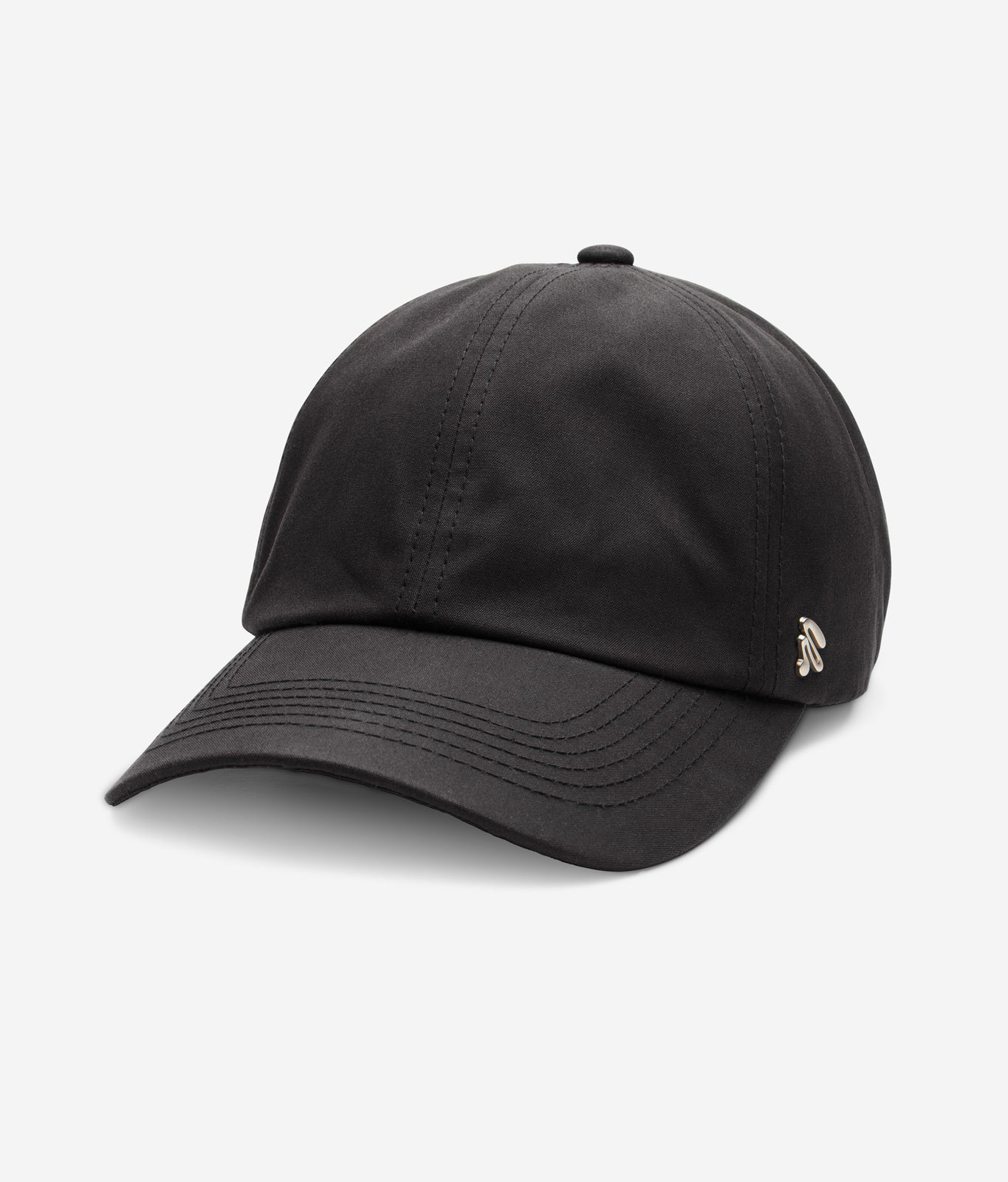 Black Ventile dad cap angled front view showing curved brim and smooth fabric