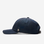 Midnight Blue Ventile dad cap side view with curved brim and metal logo detail