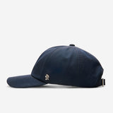 Midnight Blue Ventile dad cap side view with curved brim and metal logo detail