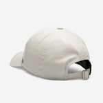 White Stone Ventile dad cap back view with adjustable strap and metal buckle