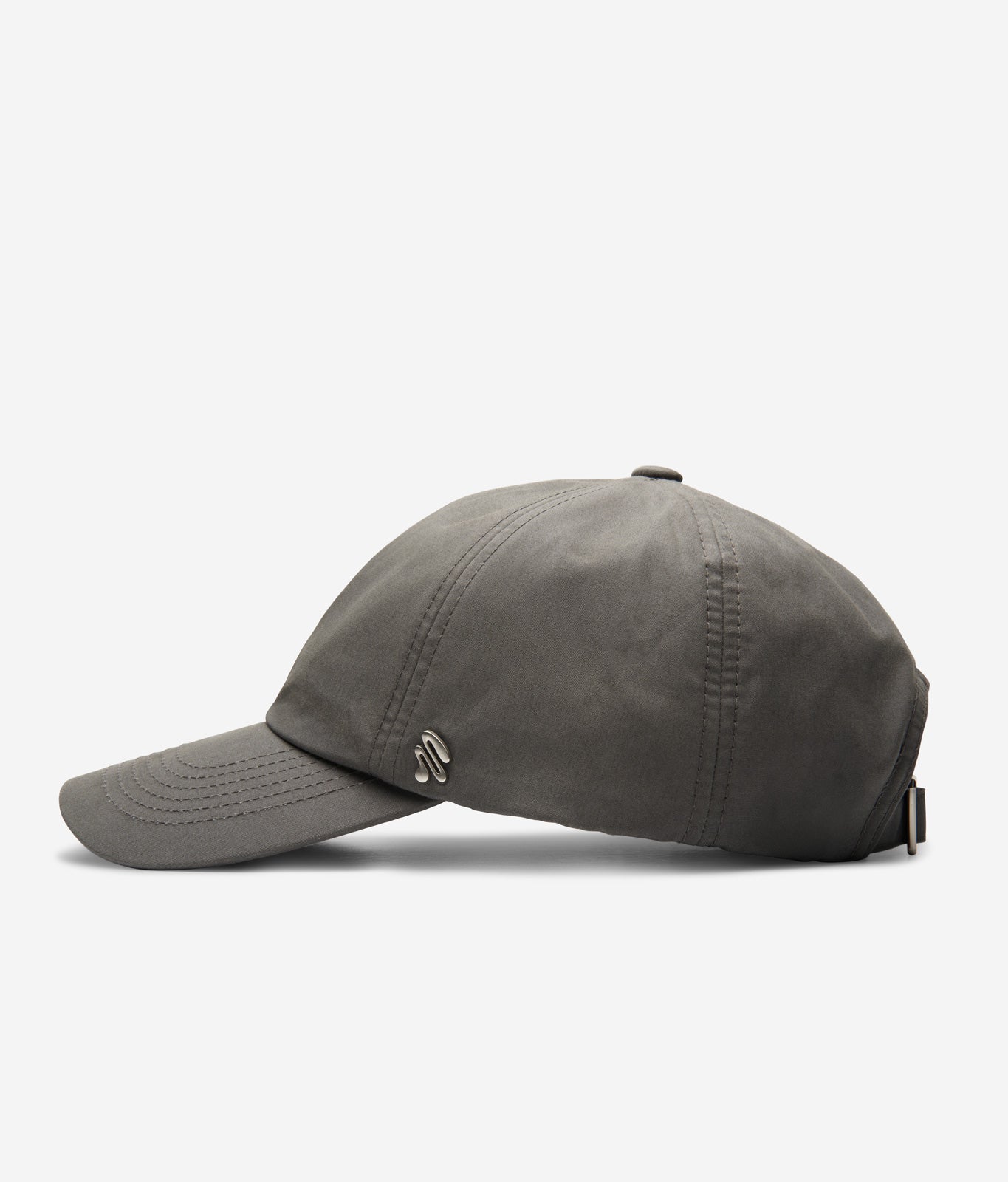Taupe Ventile dad cap side view with curved brim and metal logo detail