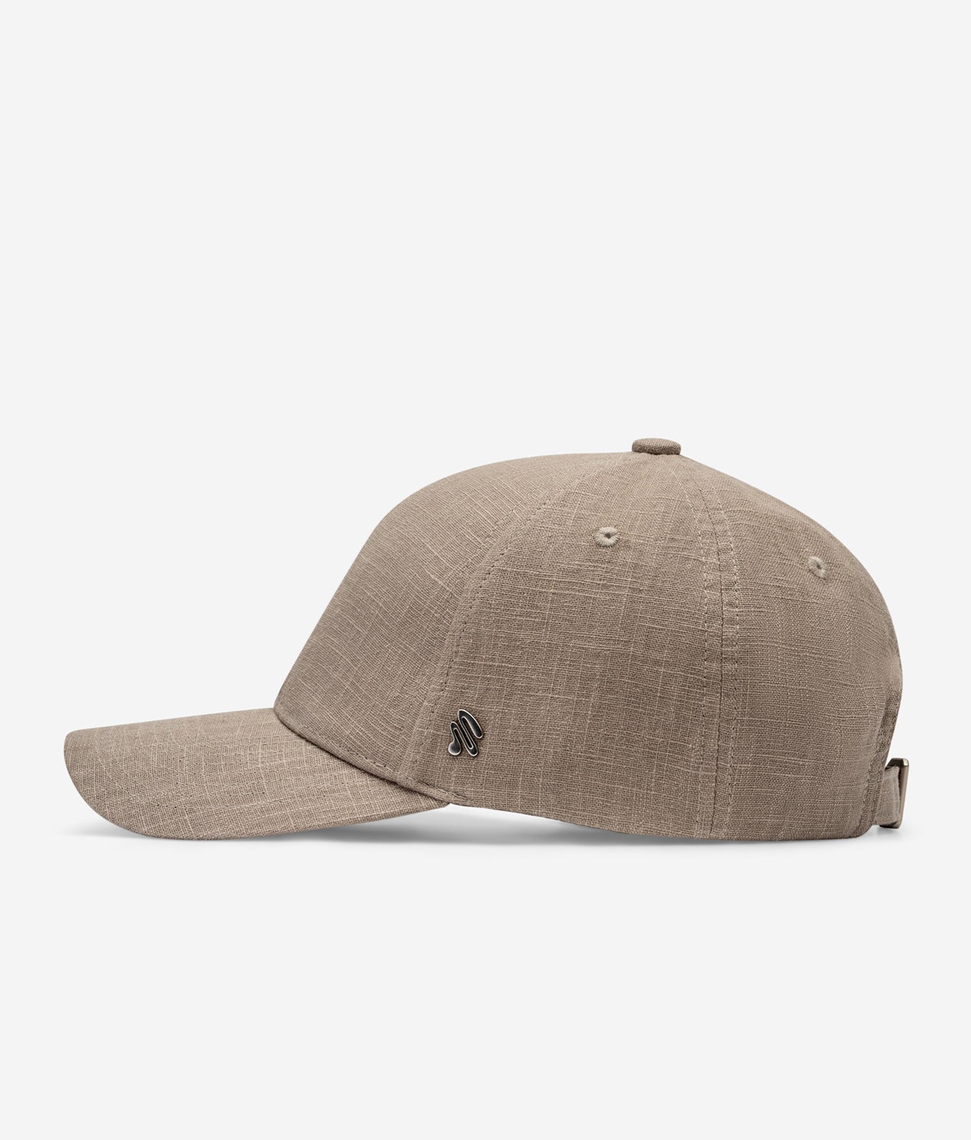 Ash linen baseball cap side view with curved brim and metal logo detail