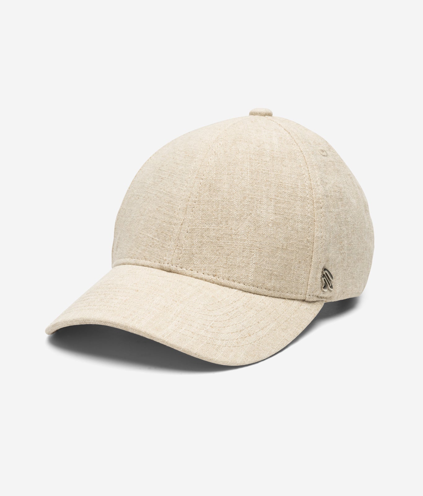 Beige linen baseball cap angled front view showing curved brim and textured fabric