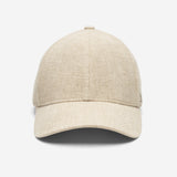 Beige linen baseball cap front view with structured crown and curved brim