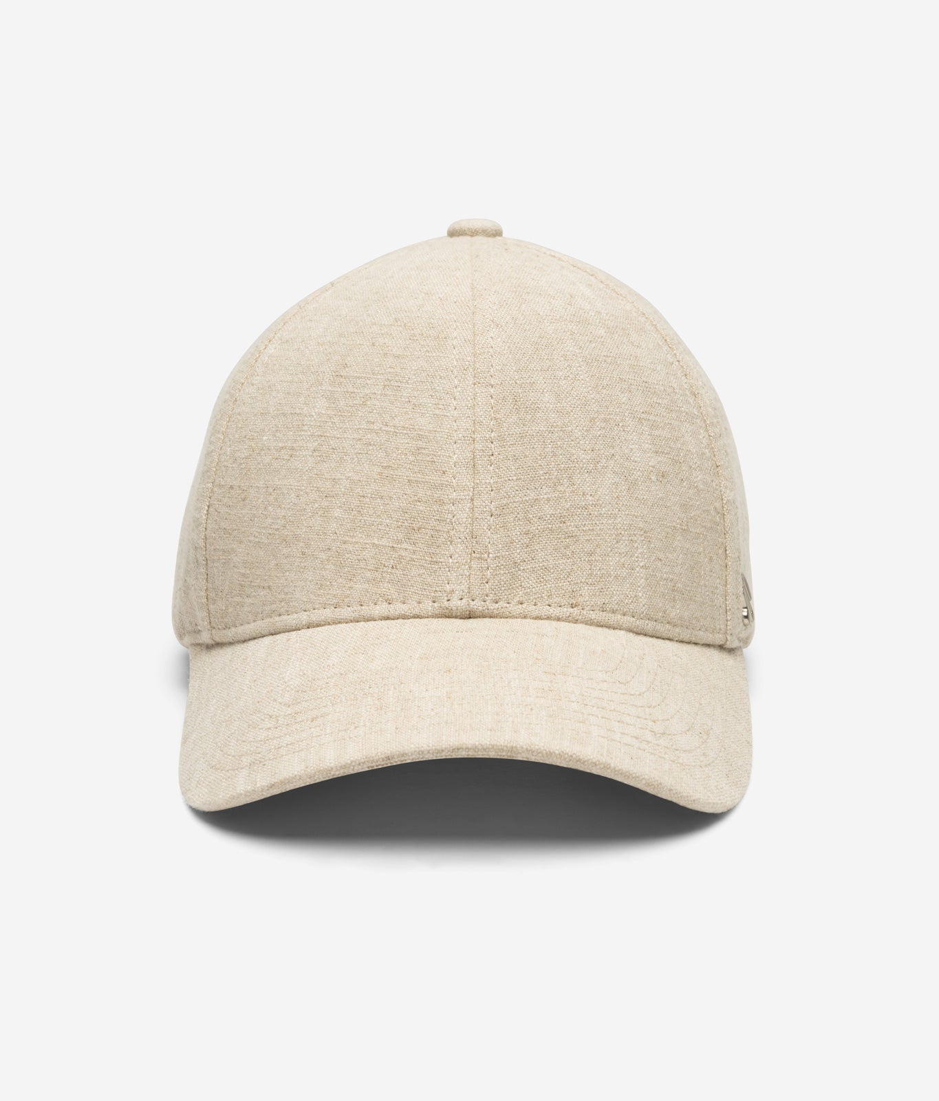Beige linen baseball cap front view with structured crown and curved brim