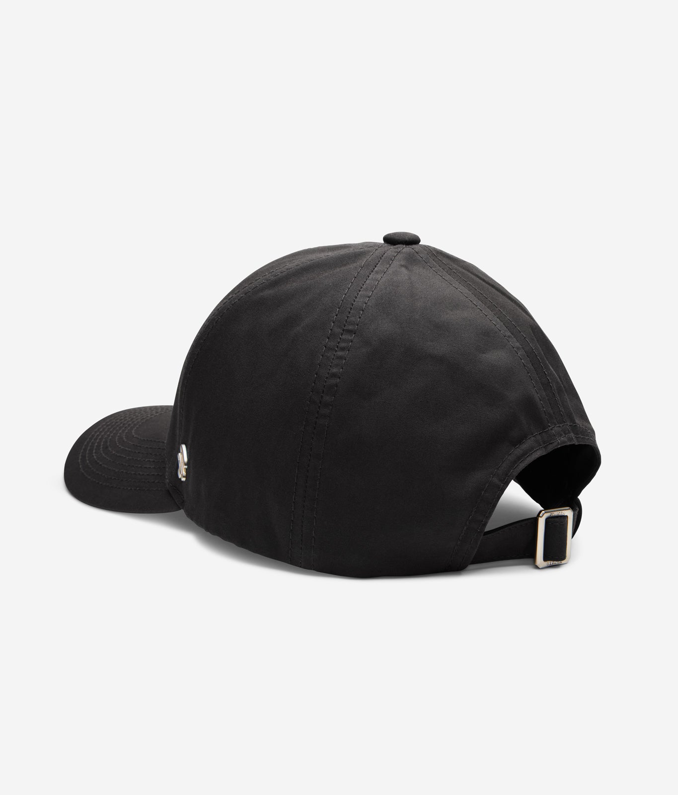 Black Ventile baseball cap back view with adjustable strap and metal buckle