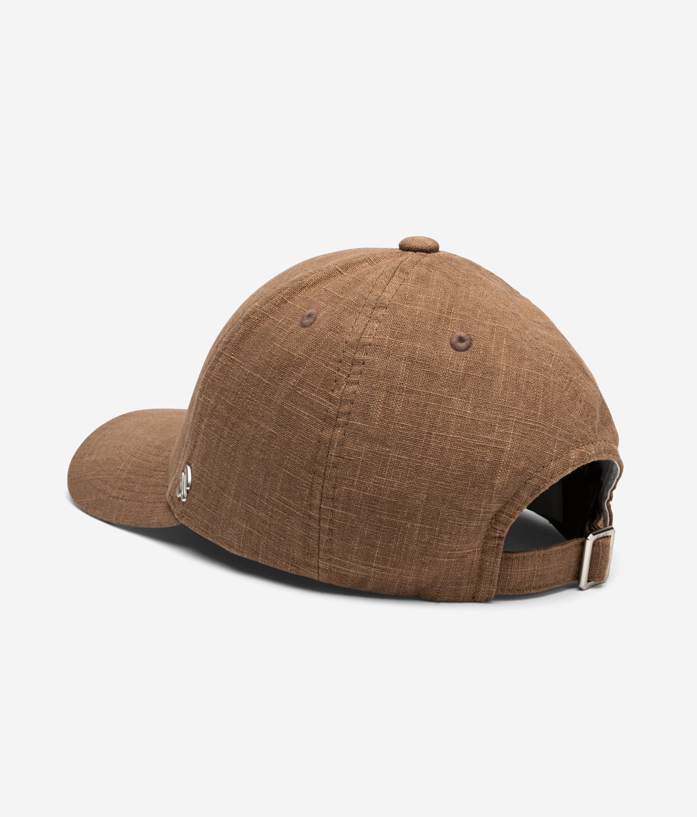 Brown linen baseball cap back view with adjustable strap and metal buckle