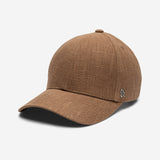 Brown linen baseball cap angled front view showing curved brim and textured fabric