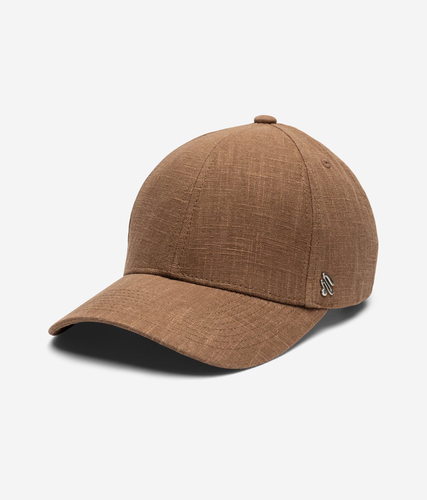Brown linen baseball cap angled front view showing curved brim and textured fabric