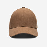 Brown linen baseball cap front view with structured crown and curved brim