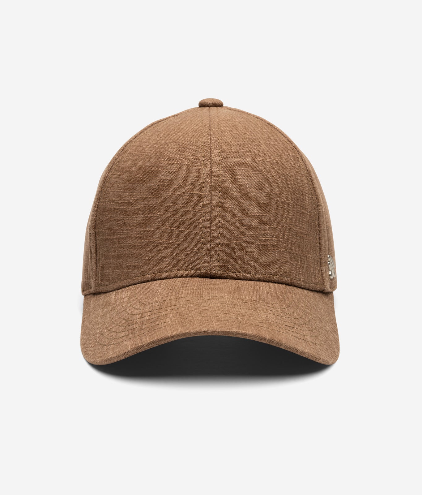 Brown linen baseball cap front view with structured crown and curved brim