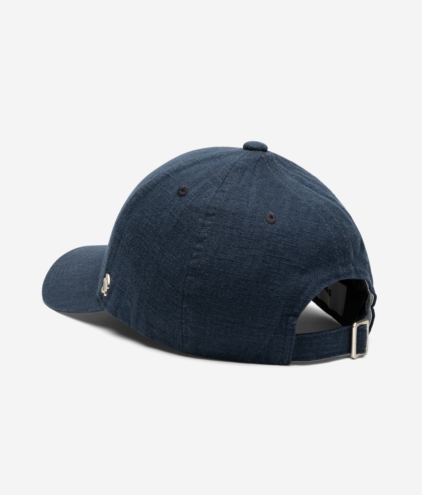 Indigo linen baseball cap back view with adjustable strap and metal buckle