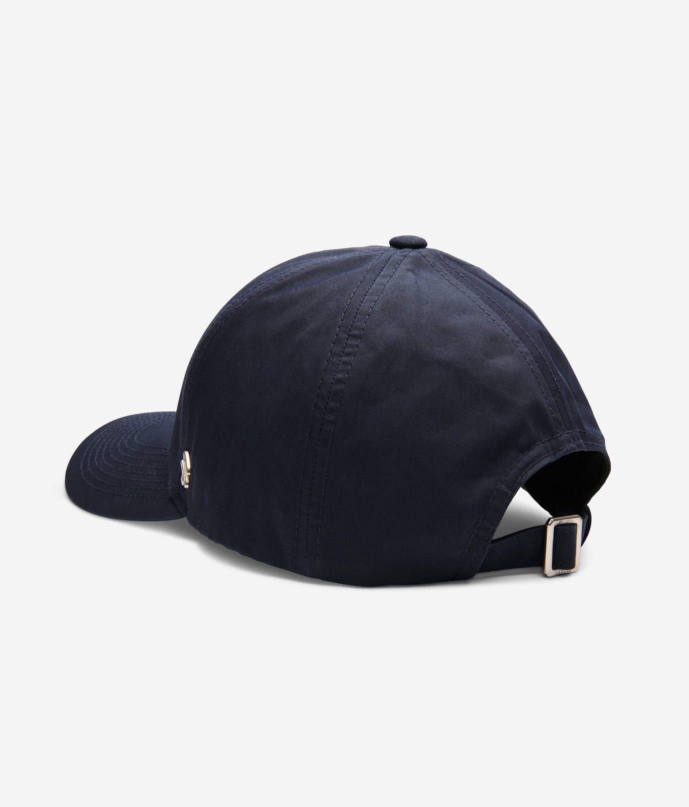 Midnight blue Ventile baseball cap back view with adjustable strap and metal buckle