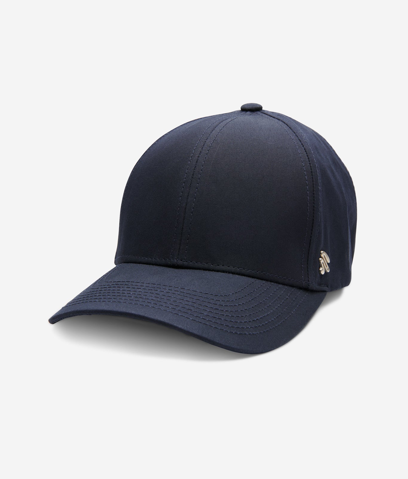 Midnight blue Ventile baseball cap angled front view showing curved brim and smooth fabric