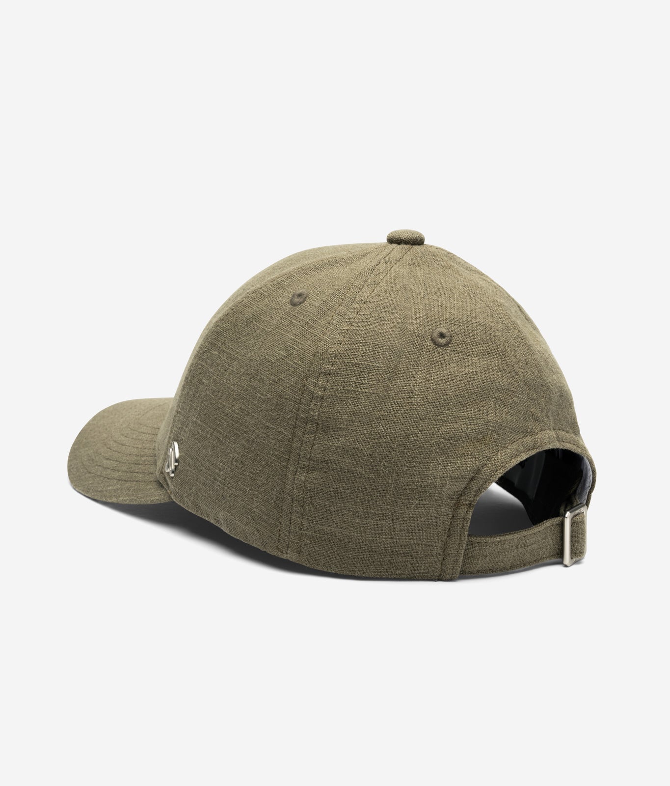 Olive green linen baseball cap back view with adjustable strap and metal buckle