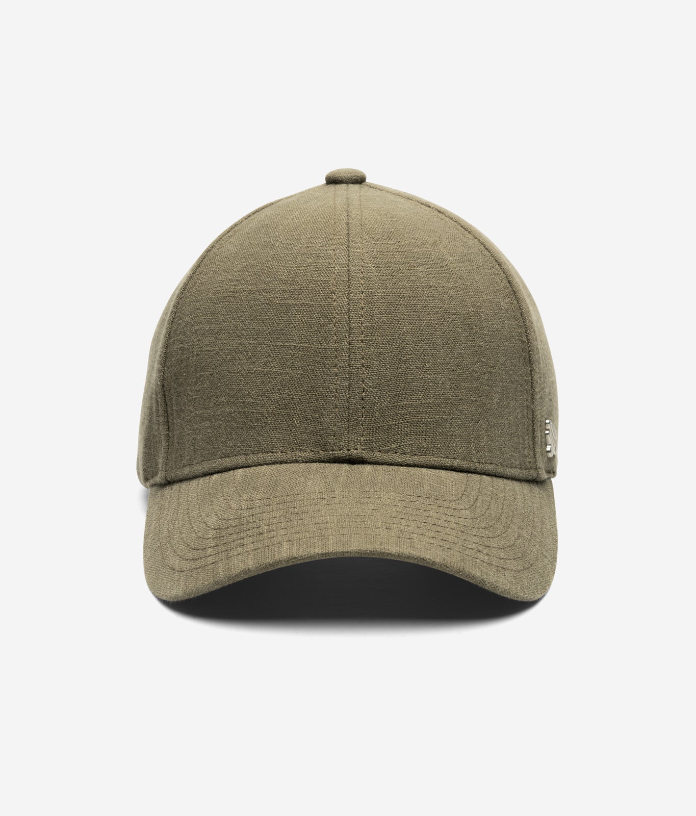 Olive green linen baseball cap front view with structured crown and curved brim