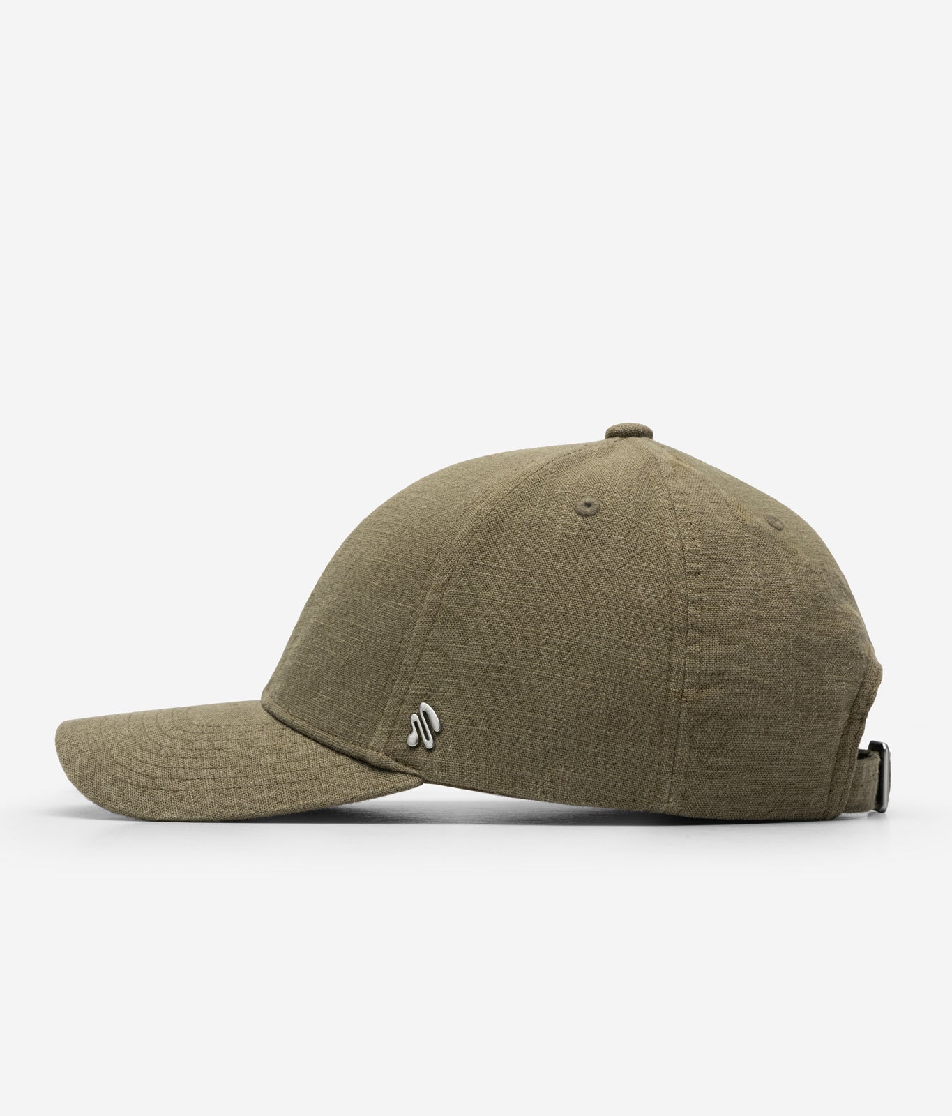 Olive green linen baseball cap side view with curved brim and metal logo detail
