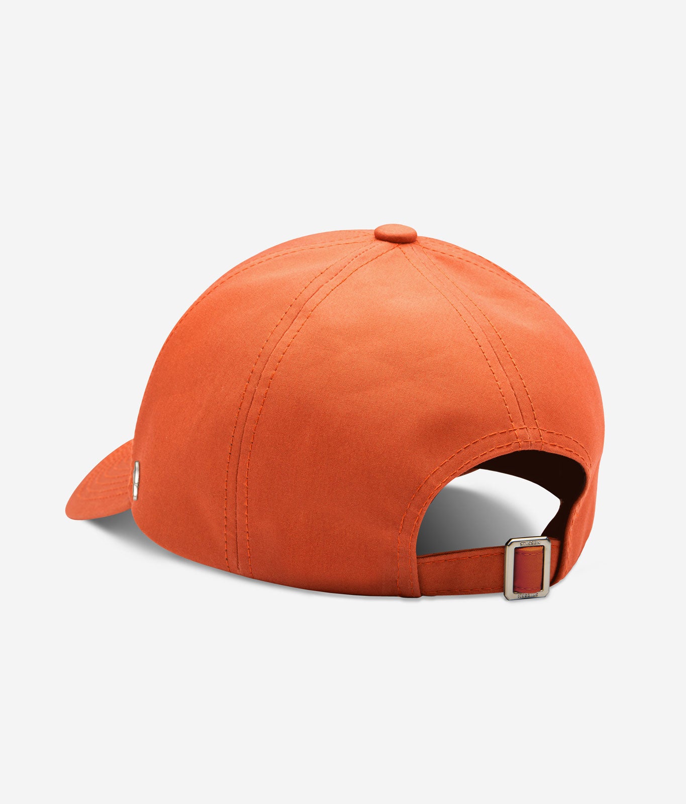 Orange Ventile baseball cap back view with adjustable strap and metal buckle