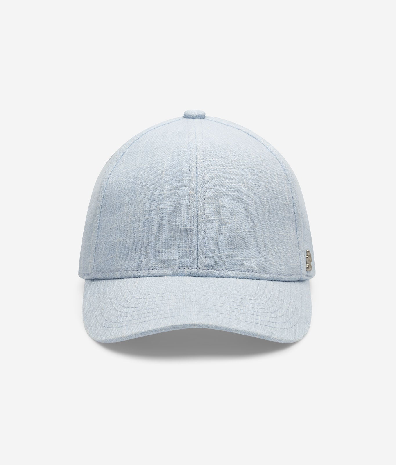 Sky blue linen baseball cap front view with structured crown and curved brim