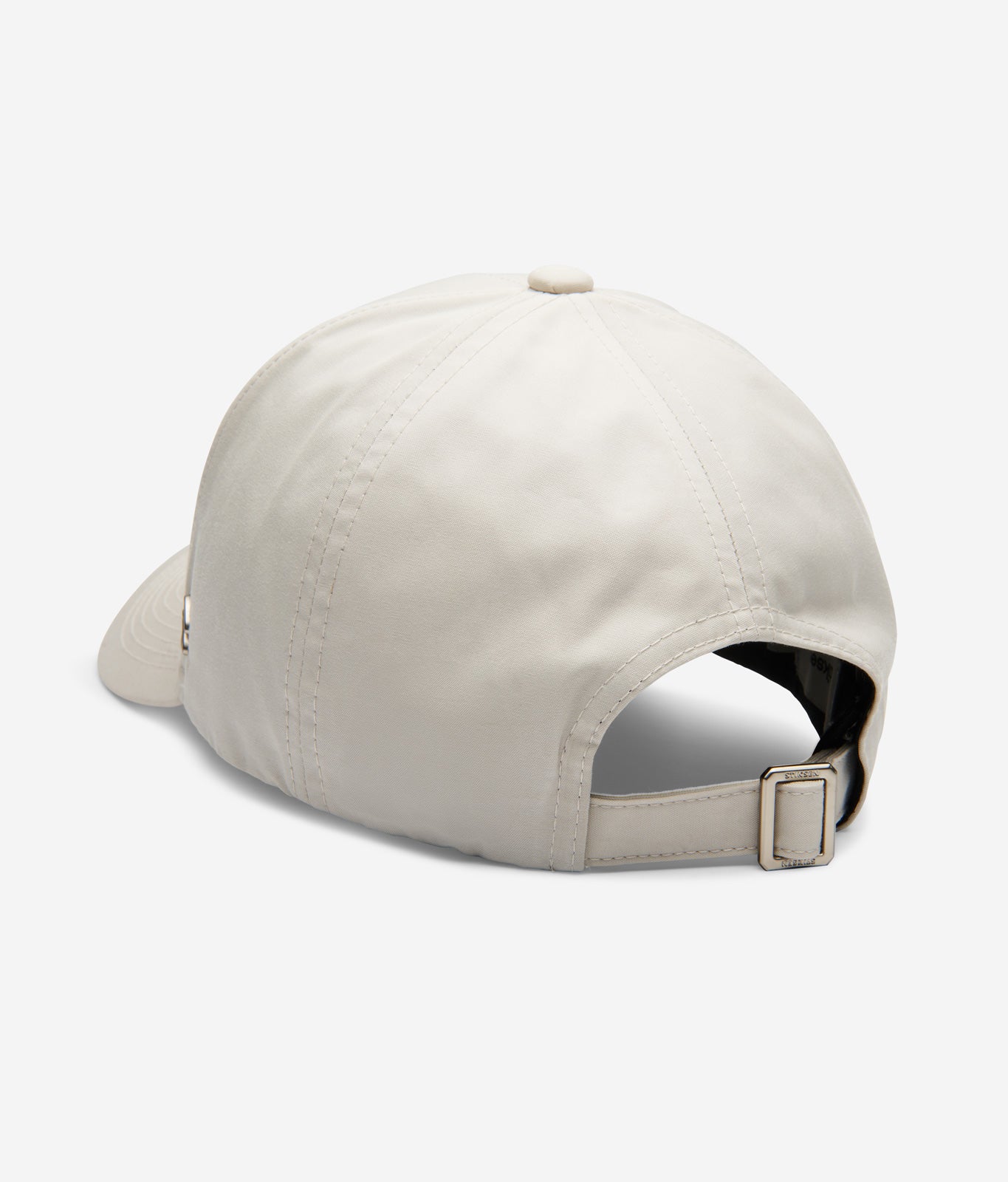 White Stone Ventile baseball cap back view with adjustable strap and metal buckle