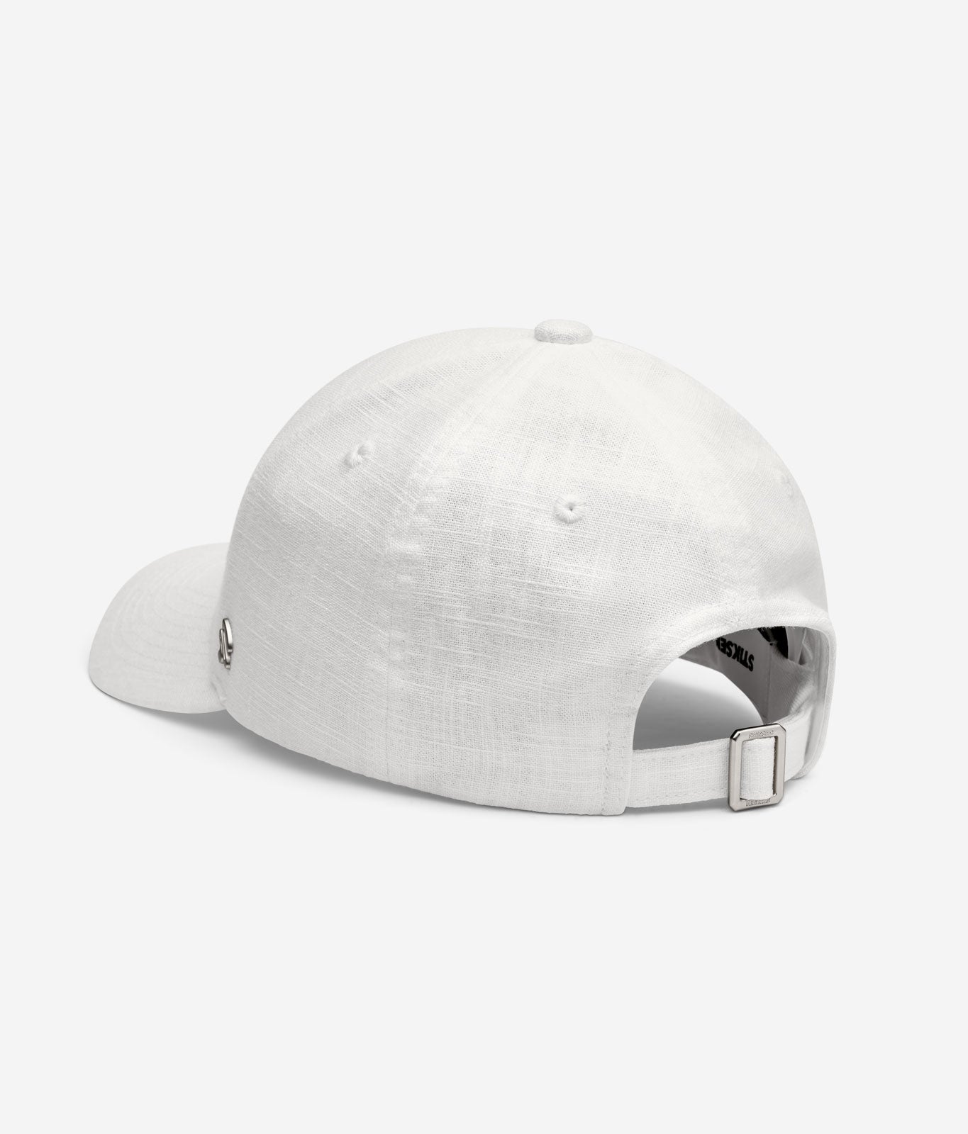 White linen baseball cap back view with adjustable strap and metal buckle