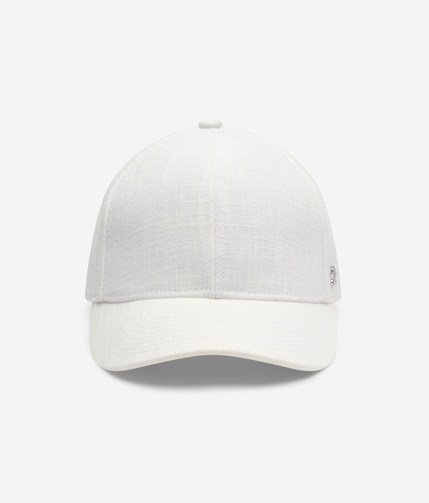 White linen baseball cap front view with structured crown and curved brim