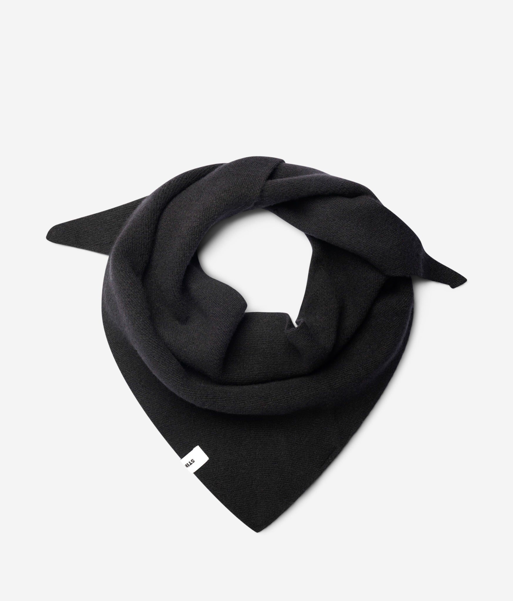 Black superfine merino wool triangle scarf, styled folded view