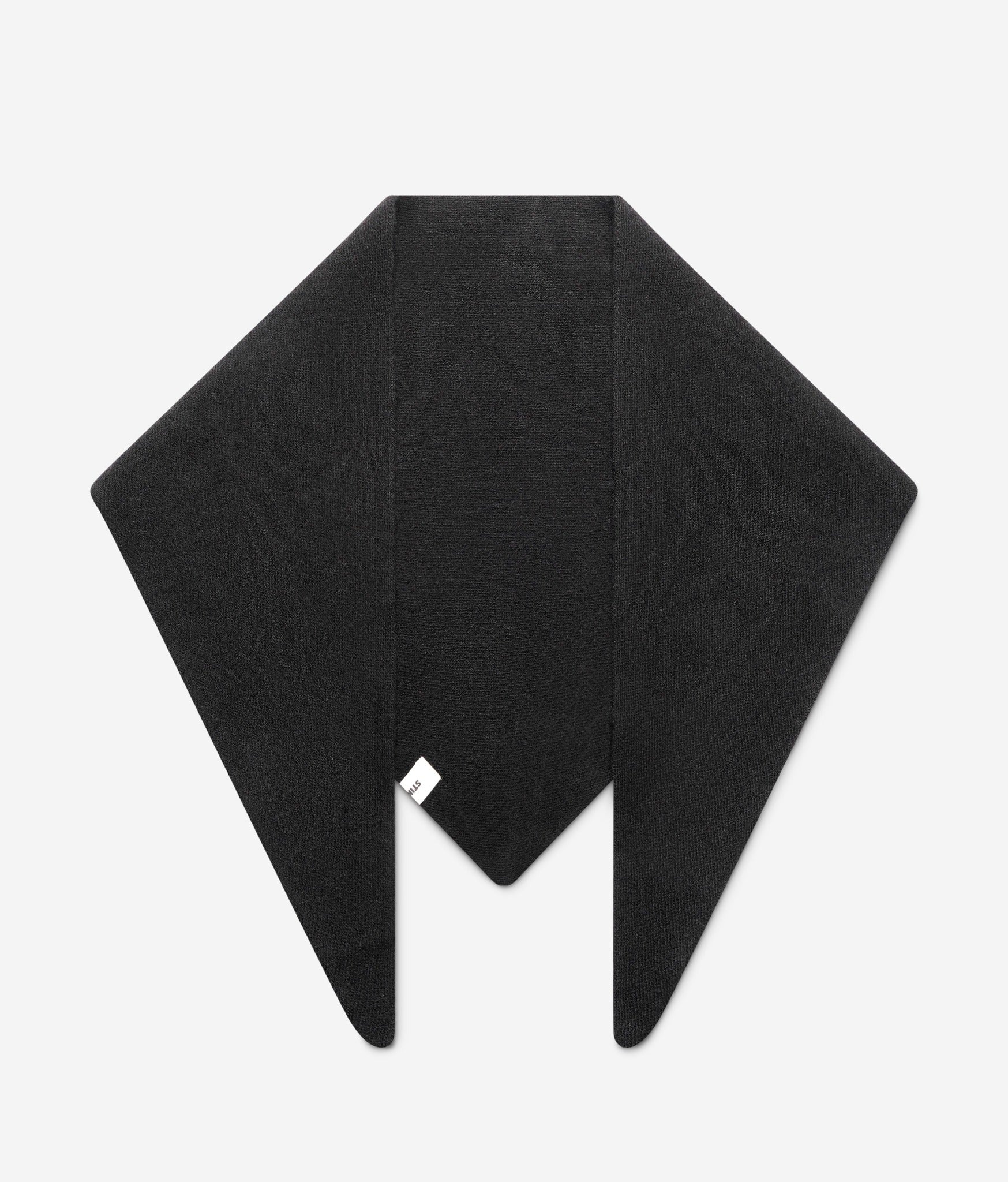 Black superfine merino wool triangle scarf laid flat showing triangular shape