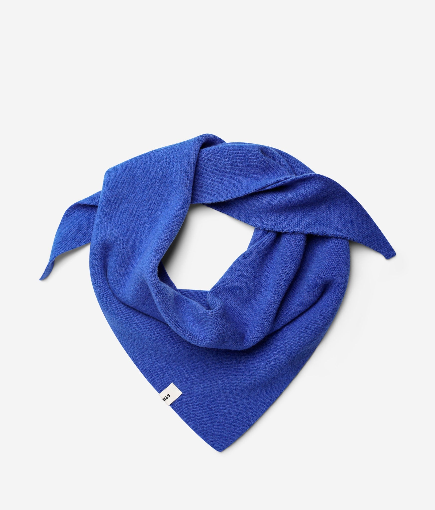 Cobalt superfine merino wool triangle scarf, styled folded view